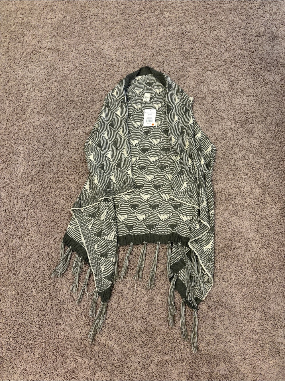 Fringed Open-Front Knit Poncho in Olive and Cream